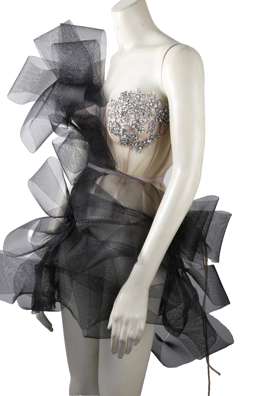 Lucias Sarto OOAK Runway Corset Dress Crystal Beaded Black Tulle Asymmetric Mini